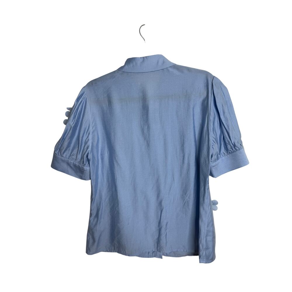 A.Z.I Felicia Blouse Women's Medium Blue Short Sleeve Floral Appliques MSRP$113 - Picture 2 of 6